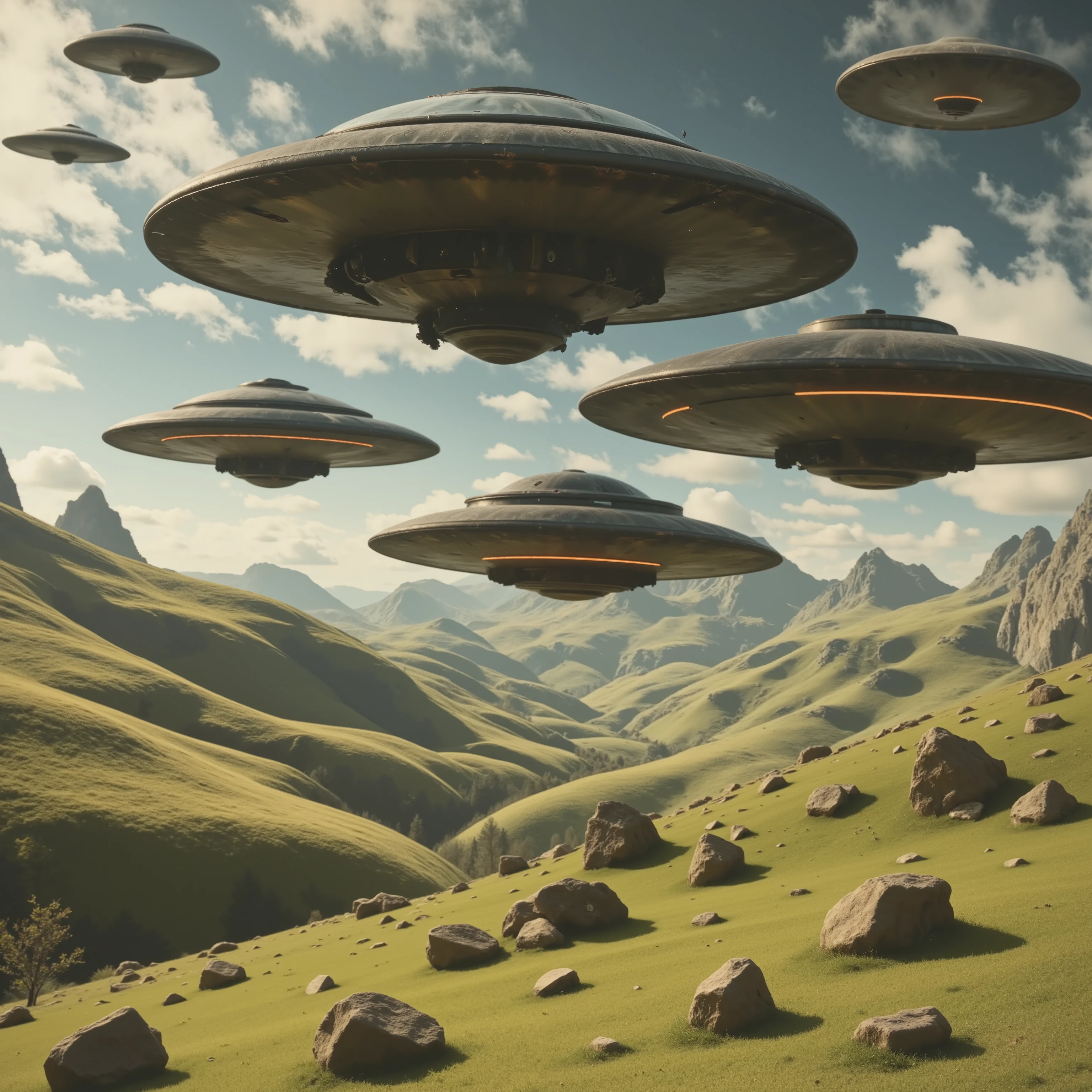 A fleet of UFOs, each bearing the classic saucer shape, hovers over a sprawling, idyllic landscape. The foreground is dominated by lush, rolling hills covered in a rich tapestry of vibrant greens and dotted with scattered rocks. In the distance, jagged mountains rise sharply against the horizon, their peaks framing a valley bathed in soft sunlight. The sky above is a mix of gentle blue and wispy clouds, enhancing the scene's ethereal beauty. Light casts gentle shadows across the terrain, highlighting the serene, untouched beauty of the natural setting. The spacecrafts vary in design; some are sleek and streamlined, while others display intricate, mechanical detailing on their undersides, glowing faintly with a mysterious orange luminescence. The juxtaposition of extraterrestrial machinery against tranquil nature evokes a sense of wonder and curiosity about the universe.