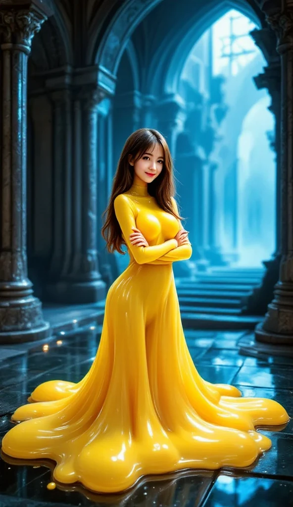 1 girl, standing, sexy seductive pose, (single, full body: 1.2, young, big breasts: 1.2), detailed face, wearing a dress, long and beautiful flowing clothes, yellow cloth, yellow gorgeous dress, close-up of a woman,