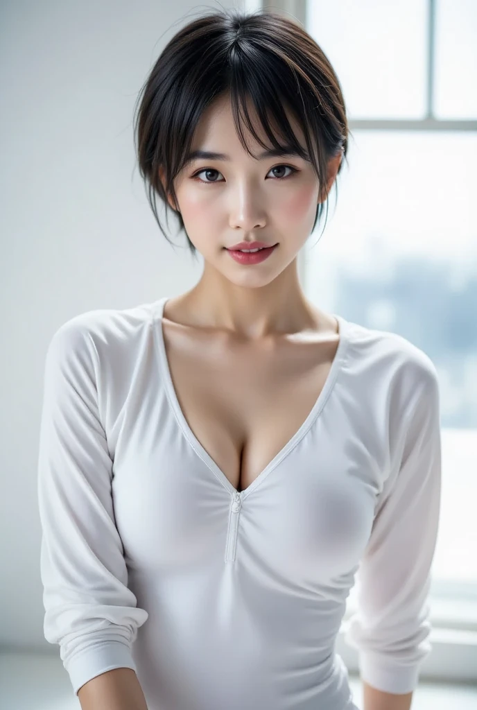 ((the best quality、8K、A masterpice:1.3))、sharp-focus:1.2、(ultra beautiful face:1.0)、(Slender Abs Beauty:1.0)、(shinny skin:1.0)、lifelike picture、black hair、Realistic pupils、Video Lighting、High-definition eyes and face、Video Lighting、(cow-boy shot:1.3)、swimsuiti、(Korean Cute Actress)、from front view、middlebreasts、A slight smile