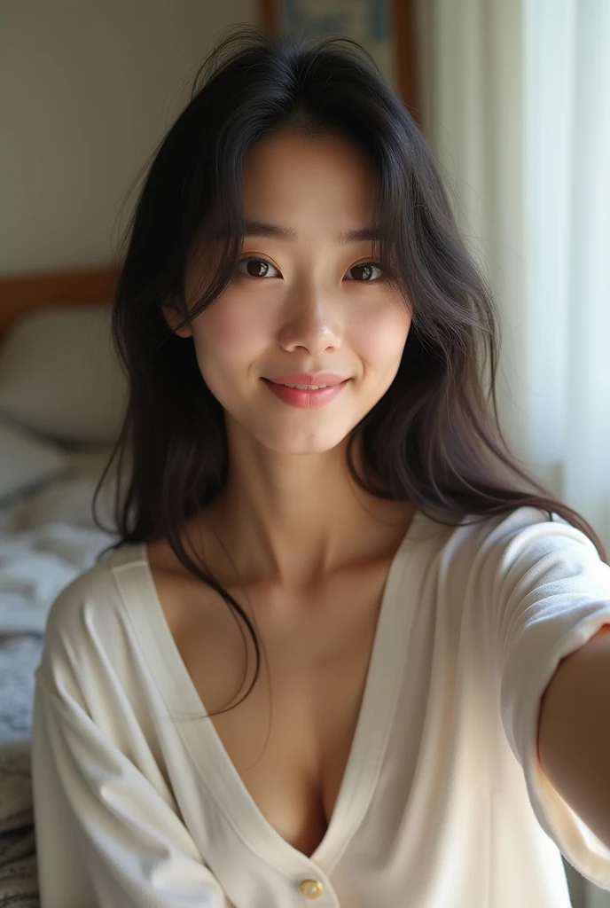 A selfie taken by a fair-skinned Japanese woman bending forward。Smiling。Wearing a tank top。The chest is very sexy。Soft Light。Selfie style。