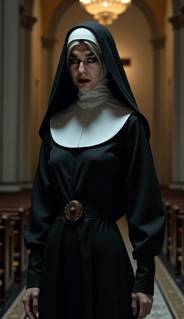 female nun,masterpiece,8k,best quality,perfect light,perfect shadow,photorealistic,detailed,praying infront of a demon,standing infront of demon,demon infront of her,<lora:more_details:1.0>,