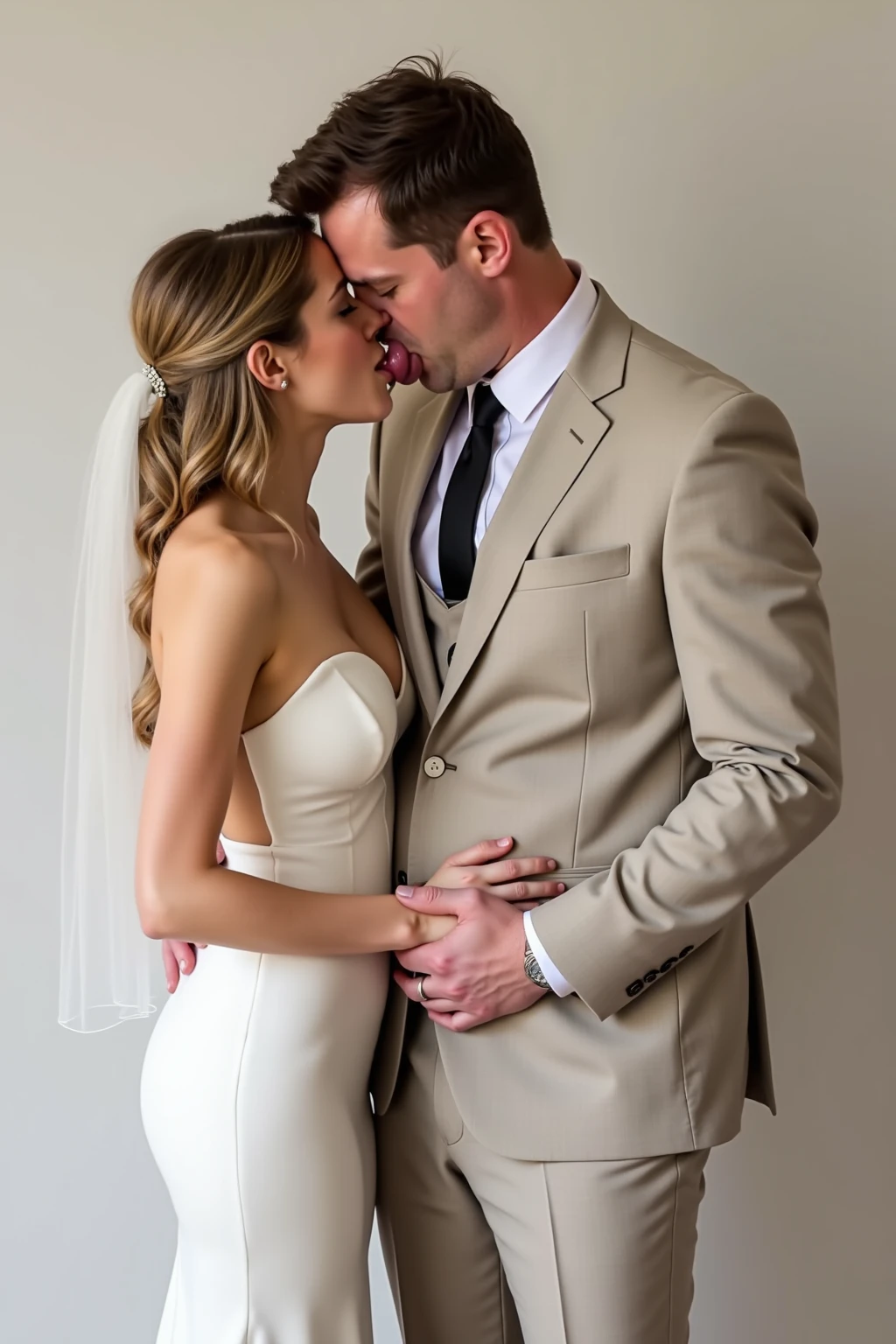 Man in a suit and woman in a dress kissing while the man grabs her waist possessively