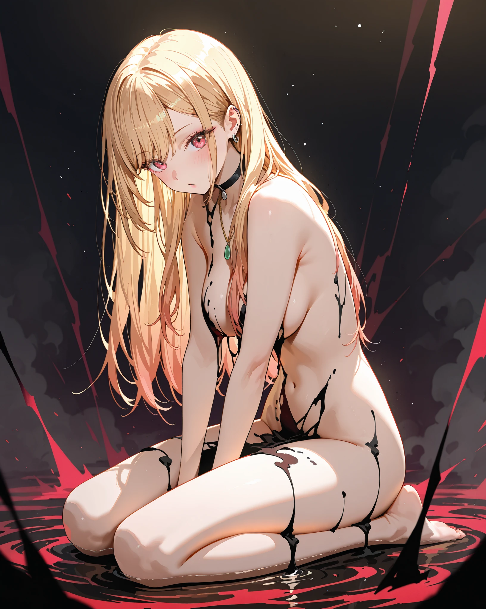 ((red tattoo))、Open your arms wide、shout、dirty body、dirty face、expression of pain、(((naked)))、Beautiful female magician、blonde twintails、((rolling on the dirt ground))
