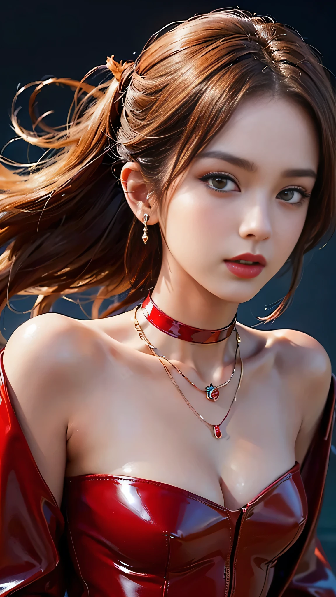 Portrait, beautiful woman with black hair and a silky red dress, wearing a large heart-shaped necklace, hourglass figure, symmetrical figure, highly detailed face, beautiful face, calming blue eyes, lush red lips, smiling, alluring, stunning digital illustration, mysterious quantum environment, cosmic elements and ethereal atmosphere