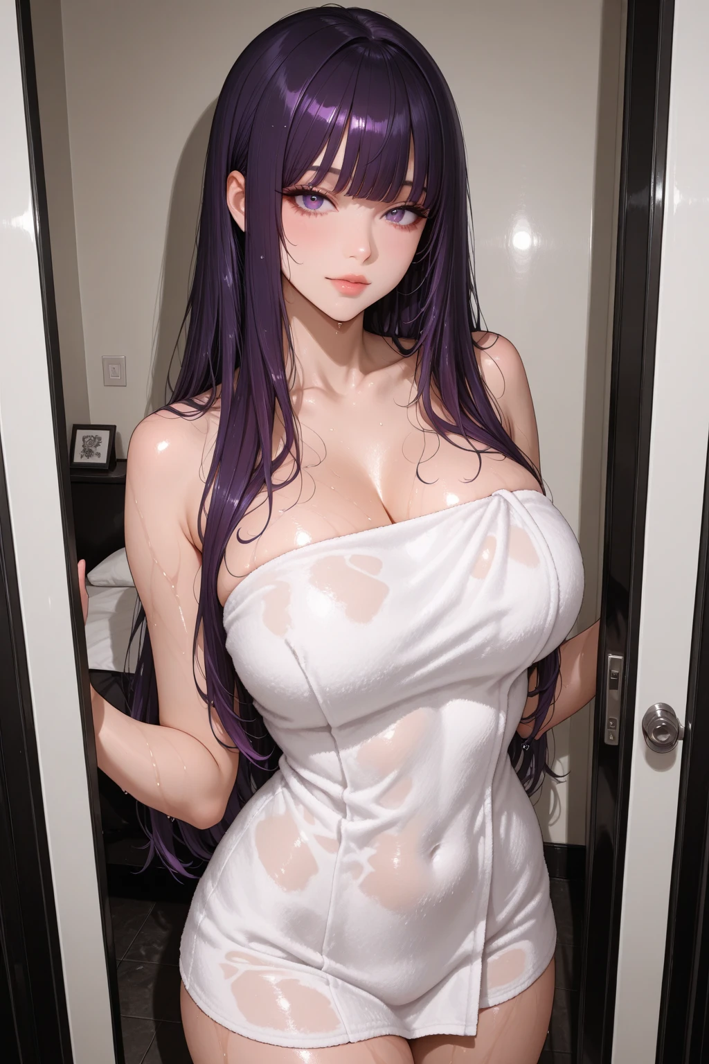 An Idol k-pop girl, (cute face:1), (lewd face:1), braid hair, intricate face details, detailed face, golden ratio face, ((huge breasts:1)), ((large breasts:1)), ((giant breasts:1)), ((big breasts:1)), ((slim waist:1)), ((big butt:1)), ((big hip:1)), ((big thighs:1)), ((thick thighs:1)), ((intricate hands:1)), ((detailled hands:1)), ((intricate feets:1)), ((detailled feets:1)), (polished skin:1,9), (sweaty:1,9), (she is sexually aroused:1), (full body:1), 64K, UHD, HDR, global illumination, (high quality, high detailed, hyper detailed, extremely detailed), photo realistic, ultra realistic, art photo, (clarify the details, detailed parts body), intricate artwork masterpiece, trending on artstation, (soft smile), (light purple eyes:1,9), look at viewer, on the bed, window curtains, ((see through white shirt:1,9))