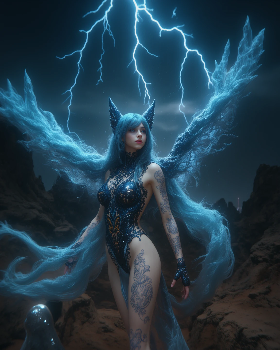 (Huge boobs:1.4), blue messy hair, full body, crown