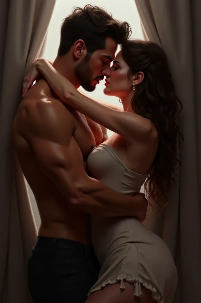 a light brown skinned girl, green eyes and curly brown hair with a lush body next to her is a muscular and handsome man with dark blue eyes and raven hair. Making love reaching orgasm both