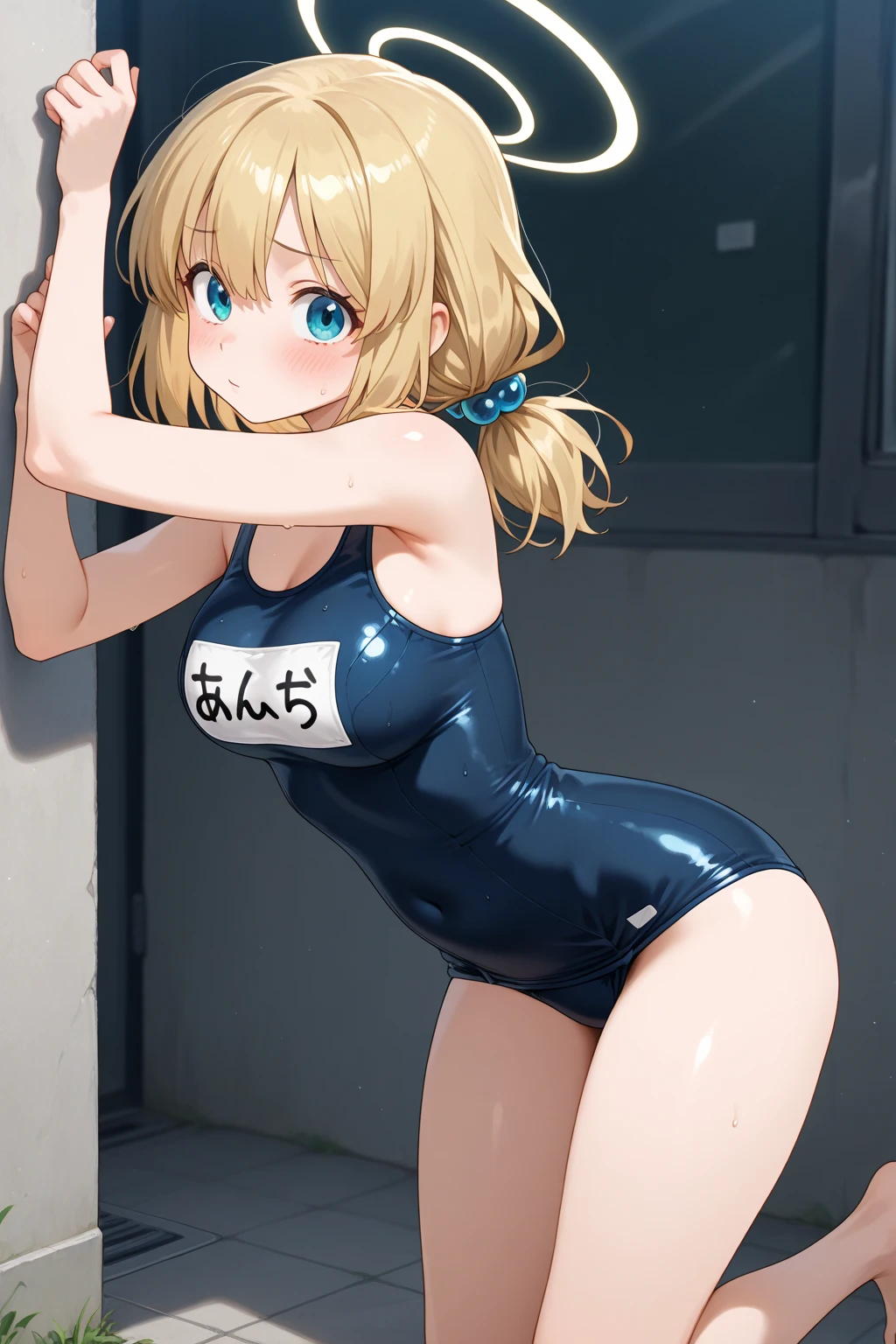 abukuma \(kancolle\),blonde hair,long hair,hair bun,hair rings,twintails,blue eyes,(disdain:1.6),(disgust:1.6),blush,standing,(hands on hips),((masterpiece)),((best quality)),((high resolution)), ((ultra-detailed)),old style school swimsuit, one-piece swimsuit, navy blue school swimsuit, landless swimsuit, 1girl, Solo,((from below)),((from front)),((concrete background)),((caged)),((basement)),perfect anatomy,barefoot,((in a dark room)),