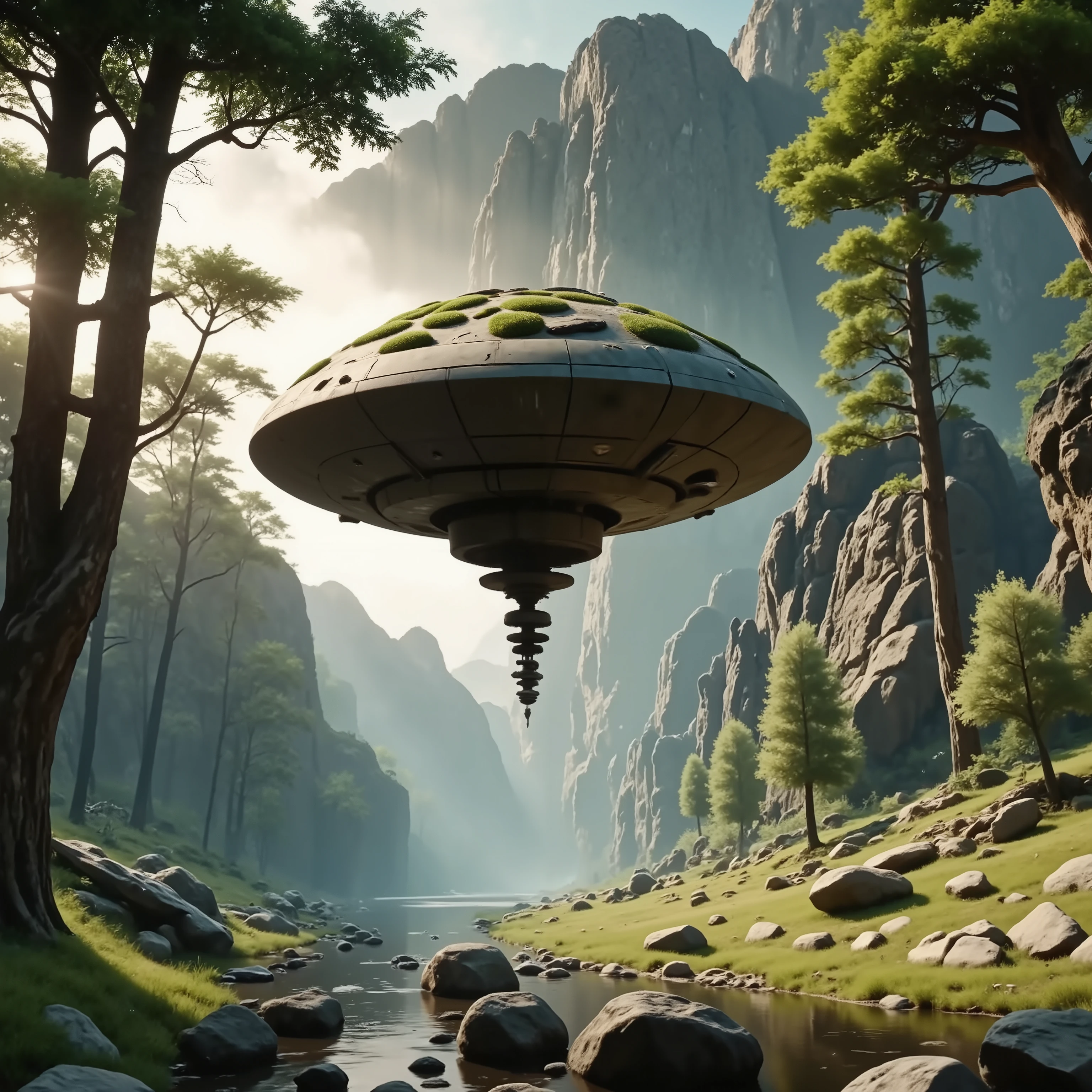 An enigmatic spacecraft, resembling a sleek, metallic saucer, hovers above a serene, rocky canyon. Its surface is adorned with lush patches of vibrant green moss, suggesting an intriguing fusion of nature and technology. The surrounding landscape is a tranquil scene, featuring towering cliffs bathed in soft sunlight, casting long, dramatic shadows. The greenery, dotted with scattered boulders, lines a gently flowing stream, adding a soothing ambiance to the composition. Tall trees stretch towards the sky, their leaves kissed by the light, contributing to a harmonious balance between the natural and the artificial. The mood is one of awe and contemplation, inviting viewers to imagine a story where advanced civilizations coexist symbiotically with Earth's untouched beauty.