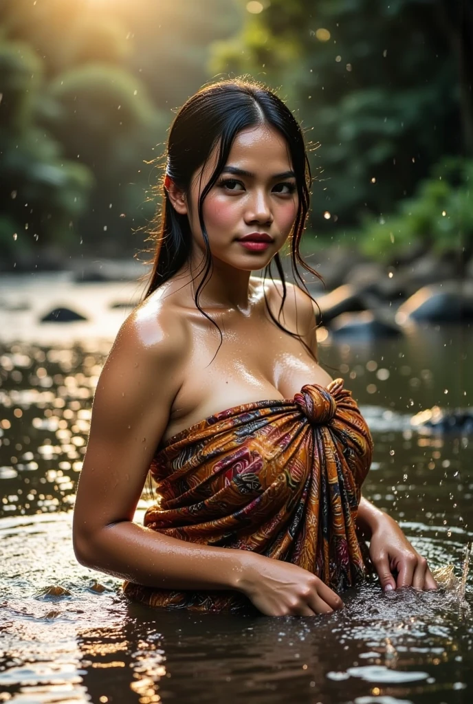 A beauty naked Javanese woman hugging on the man on the muddy paddy rice field, beauty huge breast show areola nipple, open legs spread show pubic hairs and chubby vagina detailed realistic perfect anatomy
