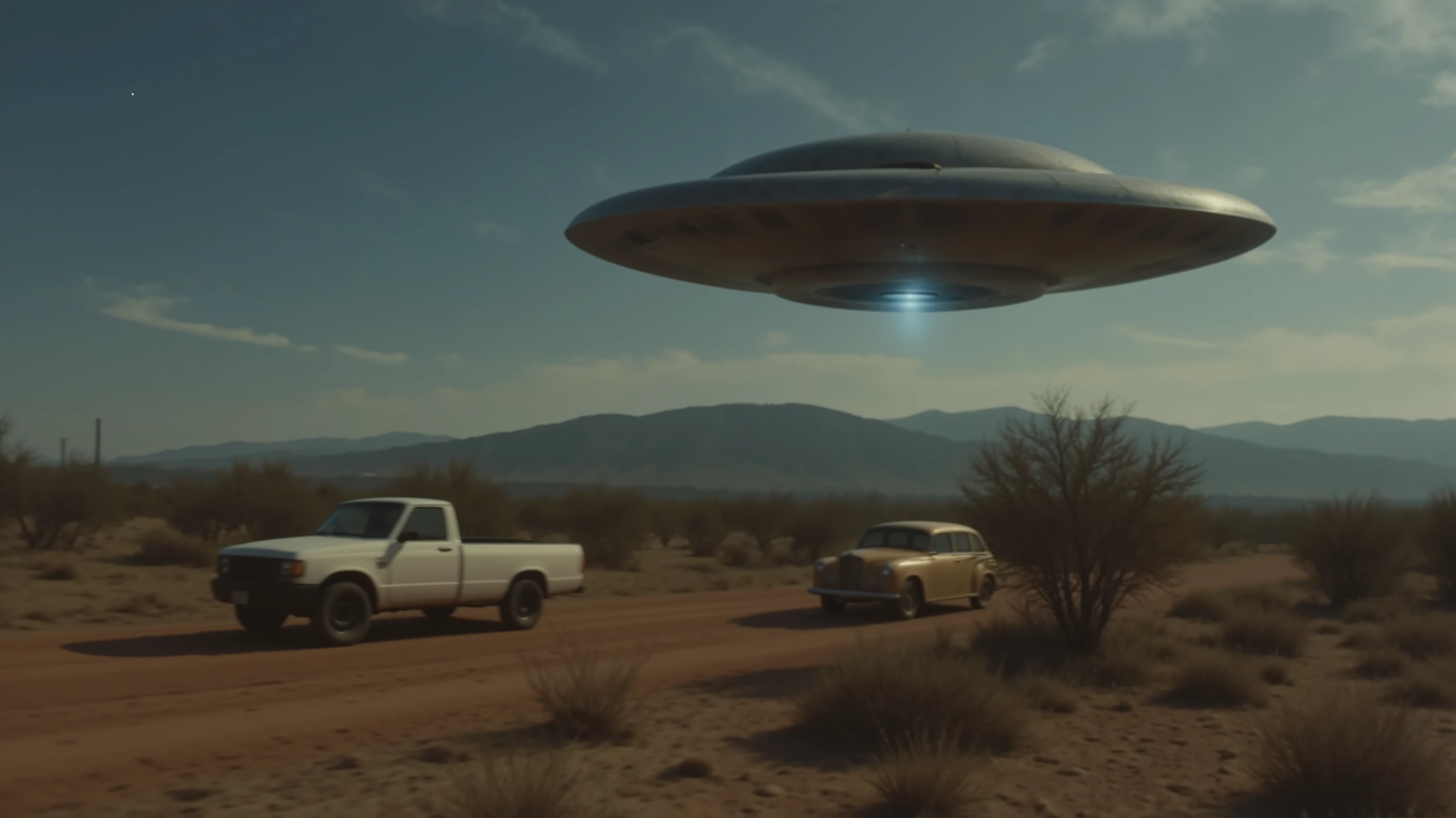 Ultra-realistic, photo-realistic, ultra-detailed, cinematic photography, physically-based rendering, professional movie quality images, icon style, hyperrealistic, 8k high-res, masterpiece. A mysterious landscape stretches into the horizon, dominated by barren desert ground, sparse with tufts of dry bush. The focal point of the image is a massive, disc-shaped flying saucer hovering low above the desert floor, emitting a soft blue light from its underside, which illuminates the ground beneath. This flying object displays a classic UFO design, with a sleek metallic finish reflecting the subdued daylight. In contrast, a white pickup truck, followed by a beige car, is stationary on the dirt terrain, suggesting the occupants stopped to observe this extraordinary sight. The vehicles are positioned slightly off-center, enhancing the sense of vast emptiness around them. In the distance, a range of mountains forms a hazy backdrop, blending into the pale blue sky, which indicates either dawn or dusk, lending a tranquil yet eerie mood to the scene. The overall atmosphere is a blend of curiosity and wonder, capturing an otherworldly encounter. We