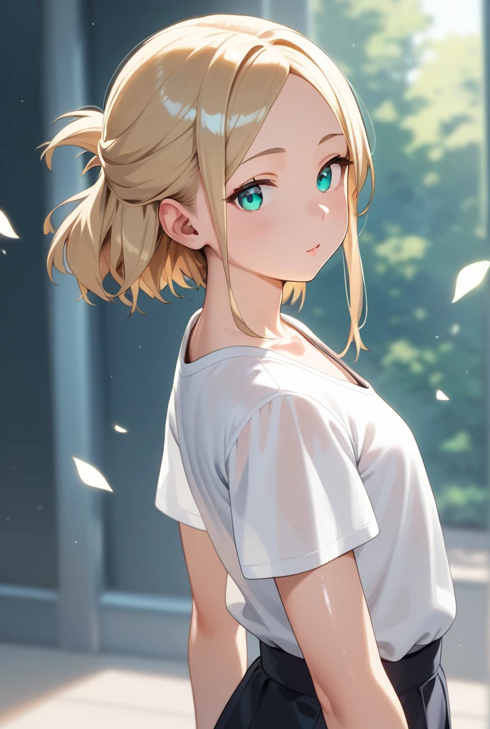 8K HDR photorealistic pic of a ((petite)) 18yo (detailed face) blonde with bangs, hair clip on one side, ((cute face)), (innocent look), in a ((transparent)) t-shirt, ((covered natural detailed breasts)), office setting