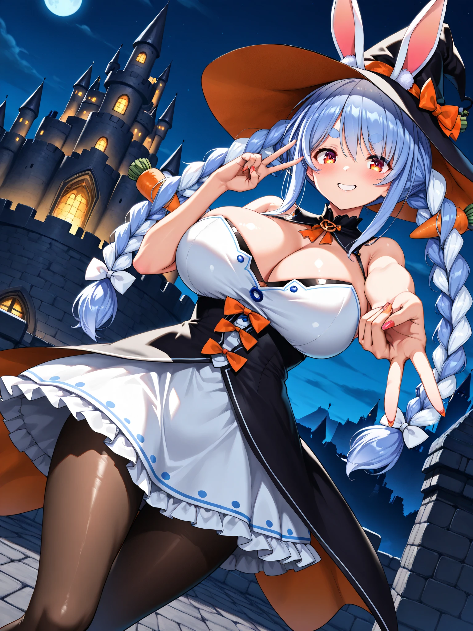 Gawr Gura, Hololive, (bandage:1.5),Witch Hat, (Very large breasts:1.6), smile, peace sign