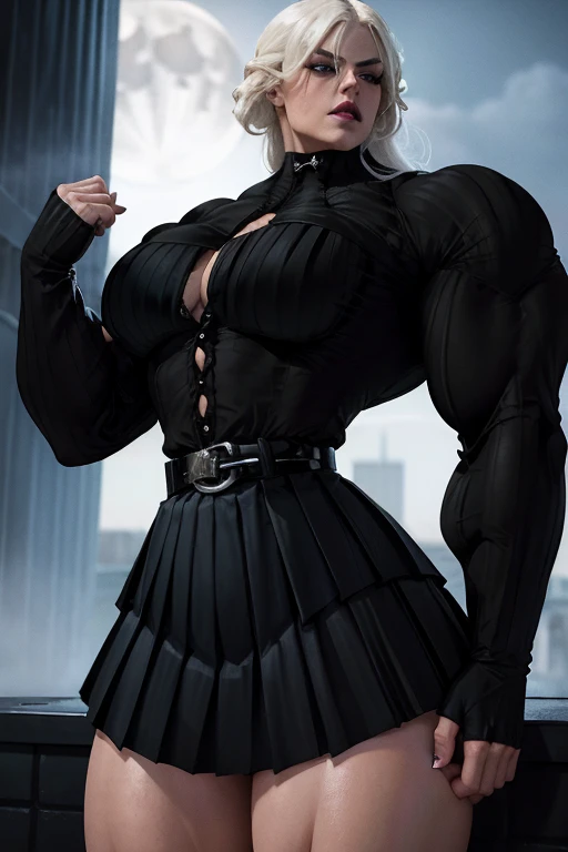 (((Massive tall, beautiful, buff, light brown skinned muscular woman with white hair, black lipstick, ginormous bulky muscles and wearing a beautiful black latex bodysuit with latex pants))), ((((close view)))), massive muscles, massive biceps, hyper muscle shoulders, massive muscle arms, vascular shoulders, hyper muscle triceps, (long straight hair), ((beautiful latex bodysuit)), blue eyes, studded gauntlets, gloves, choker, (beautiful black latex pants with belt), high heels boots, in a dark street, closed smile, morning, hyper vascular arm, hyper muscles arms, hyper muscle legs, massive arms