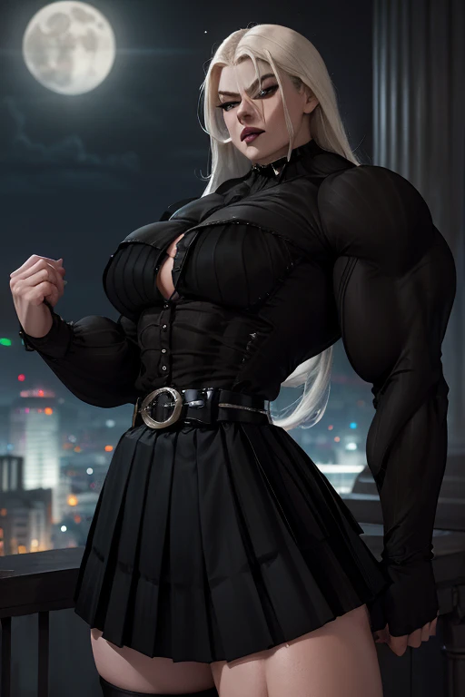 (((Close-up))), tall, (White hair) beautiful muscular female grim reaper, long straight hair, brown skinned, closed smile, large breast, (black lipstick), (massive muscles), (hyper muscle), ((ginormous bulky muscles)), blue eyes, (((black reaper cloak))), (black pants), ((holding a crescent scythe)), gauntlets, choker, boots, (in a dark realm)