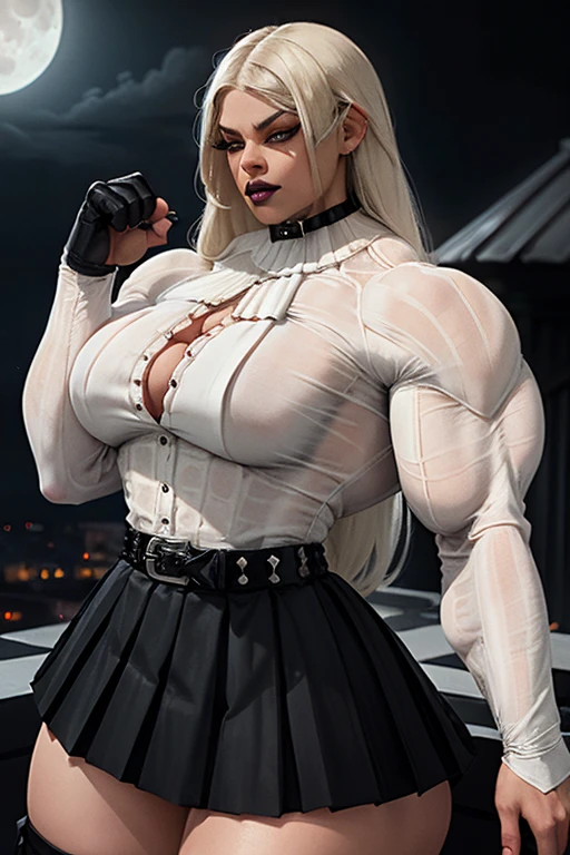 (((((Massive beautiful, buff, bulky, brown skinned muscular, woman with white hair, ginormous bulky muscles and wearing a white unbuttoned long sleeve blouse and a black skirt))))), close view, ((sunglasses)), vascular, massive muscle, massive biceps, hyper muscle shoulders, vascular shoulders, hyper muscle tricepedium length straight hair), blue eyes, (high heels), smirk, in a night city at evening, Vascular arms, hyper vascular arm, hyper muscles arms, hyper muscle legassive buff arms))