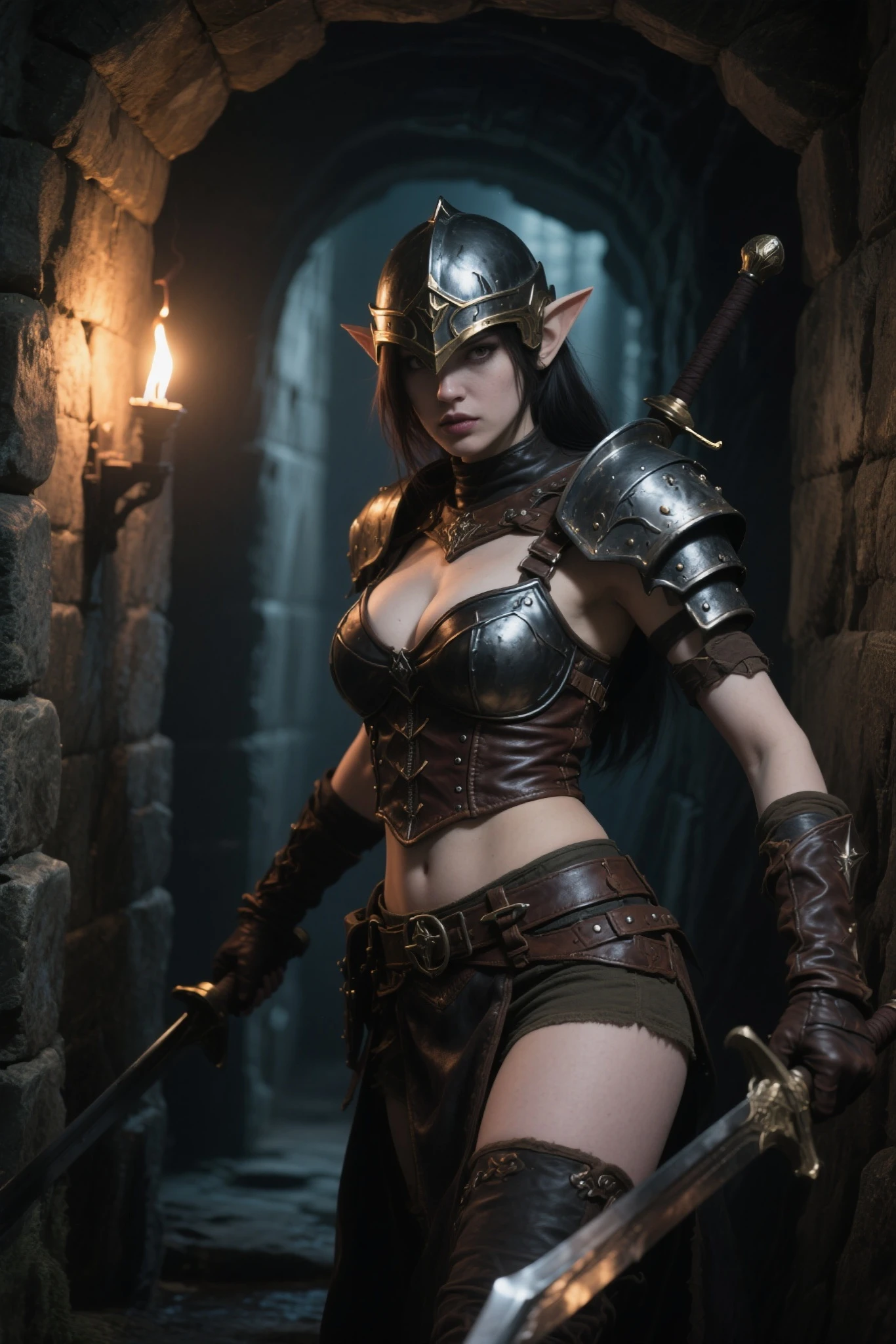 (Sexy:1.5) 1 adult woman elf archer, with long dark hair, dressed in medieval clothing, (fights with 1 male orc) in the middle of a room with medieval interiors and decor, looking at the viewer. Overall detail: 1.5