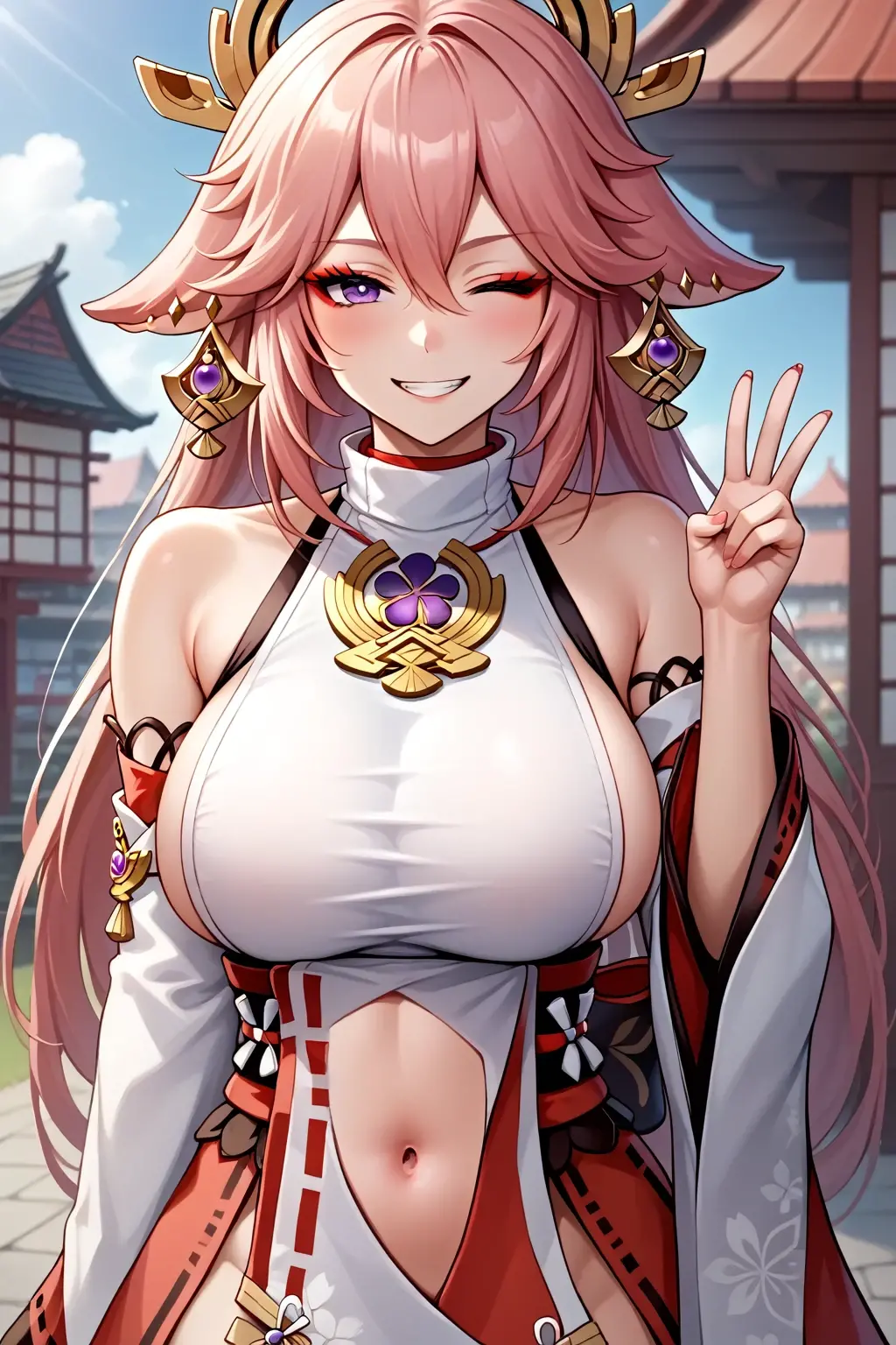 score_9, score_8_up, best quality,masterpiece,looking at viewer,absurdres,1girl, BREAK bachong, sidelocks, sleeveless_shirt,nontraditional_miko, white_sleeves, wide_sleeves, earrings, japanese_clothes, bare_shoulders, detached_sleeves, yae miko, genshin impact, fox shadow puppet one eye closed, smirk, , red eyeshadow, big breasts, genshin impact, town, deep navel, drees lift, grin
