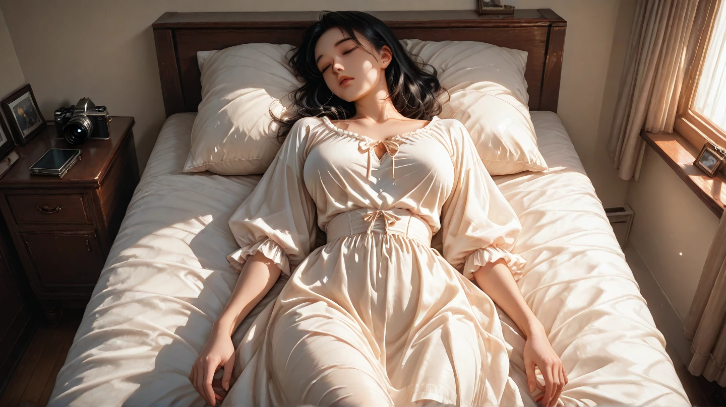 （(Girl lying on bed))、Beauty、 One Girl、alone、Long Hair、Viewer、smile、hair ornaments、、gem、Gray Hair、Shut your mouth、Blunt bangs、Manicure、bracelet、lips、Grey Eyes、Portraiture、Red nails、close、赤いlips、Put your hands on your face、Place your hand on your cheek、()、(Shiny skin)、((Skyscrapers are hazy outside the window))、(Off-shoulder white dress with floral pattern),),((Girl sleeping with legs slightly apart)),((White panties are visible)),（Lift-up skirt)、((holding a wine glass)),