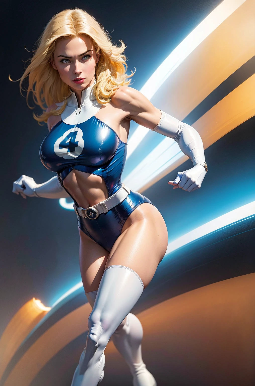 (Highly quality, masterpiece, detailed), cyberpunk laboratory background, (x shaped pasting stand), (hands up, spread hands, in stocks pose:1.4), 1girl, Susan Storm, blue eyes, blonde hair, full body blue bodysuit, sleeves, perfect face, big breasts, captured, abducted, defeated, (shut closed eyes, tears:1.1), sighing