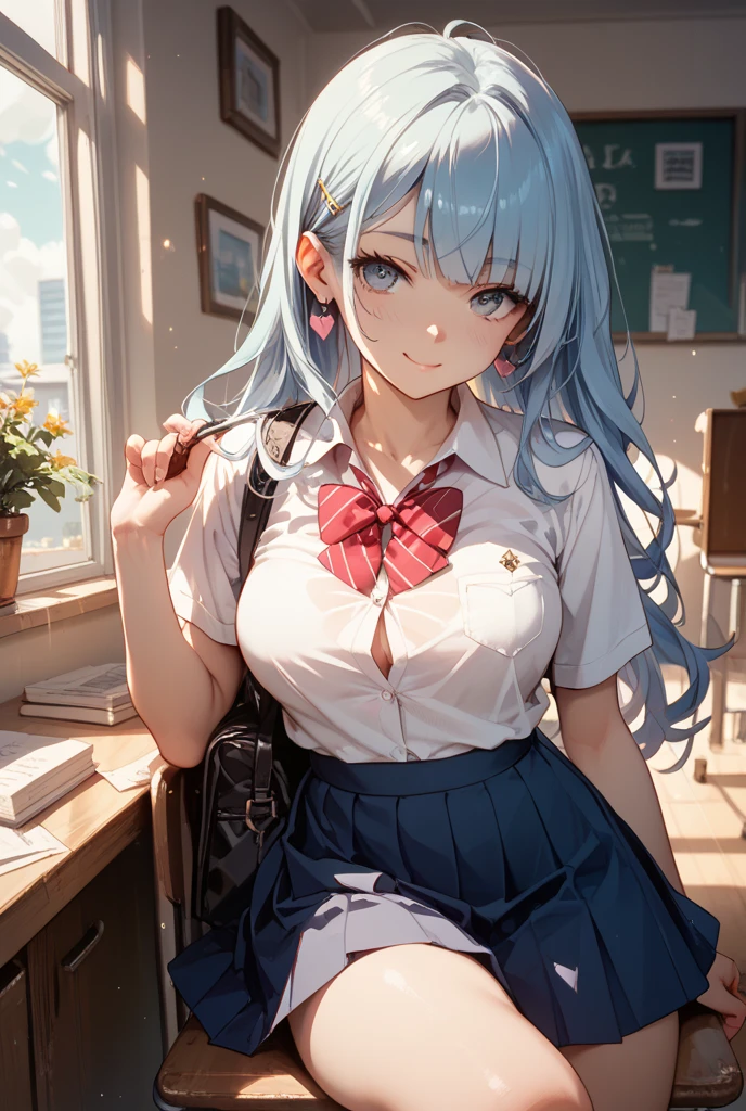 Best Quality,masutepiece,fullnude，look down on, Upper body,lightblue hair，Strands of hair,Fair skin,‎Classroom，tiny chest、Cardigan，Take off your uniform, Bow, Red bow, Long sleeves, Shirt, Collared shirt, White shirt, Skirt, Pleated skirt, Black skirt, tiny chest、looking at the viewers, BREAK (masutepiece:1.2), Best Quality, High resolution, Unity 8k壁纸, (Illustration:0.8), (Beautiful detailed eyes:1.6), extra detailed face, Perfect Lighting, extremely details CG, (Perfect hands, Perfect Anatomy),A smile、(Skirt lift:1.3), (white  panties:1.3)、(Skirt that rolls up:1.3)、(Fully exposed panties:1.5)