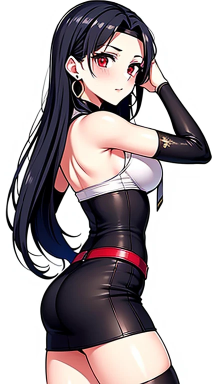 masterpiece, best quality, high quality, 1boy, solo, male focus, looking at viewer (Tifa Lockhart) BLACK LONG HAIR, (latex sport uniform: 1.2), t-back side binding, de costas para o espectador, olhando para o espectador, de baixo, nadegas a mostra, squatting de costas, from behind, squatting, virilha exposta, sexual expression, fangs