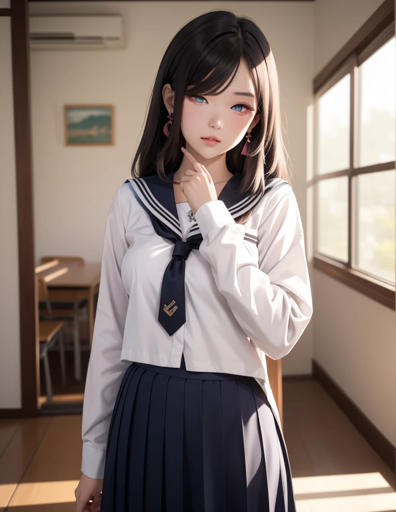masterpiece, best quality, highres, 1girl red ribbon hair ribbon, serafuku white shirt blue bow blue skirt plaid skirt <lora:nagisa_natsunagi:1> photorealistic