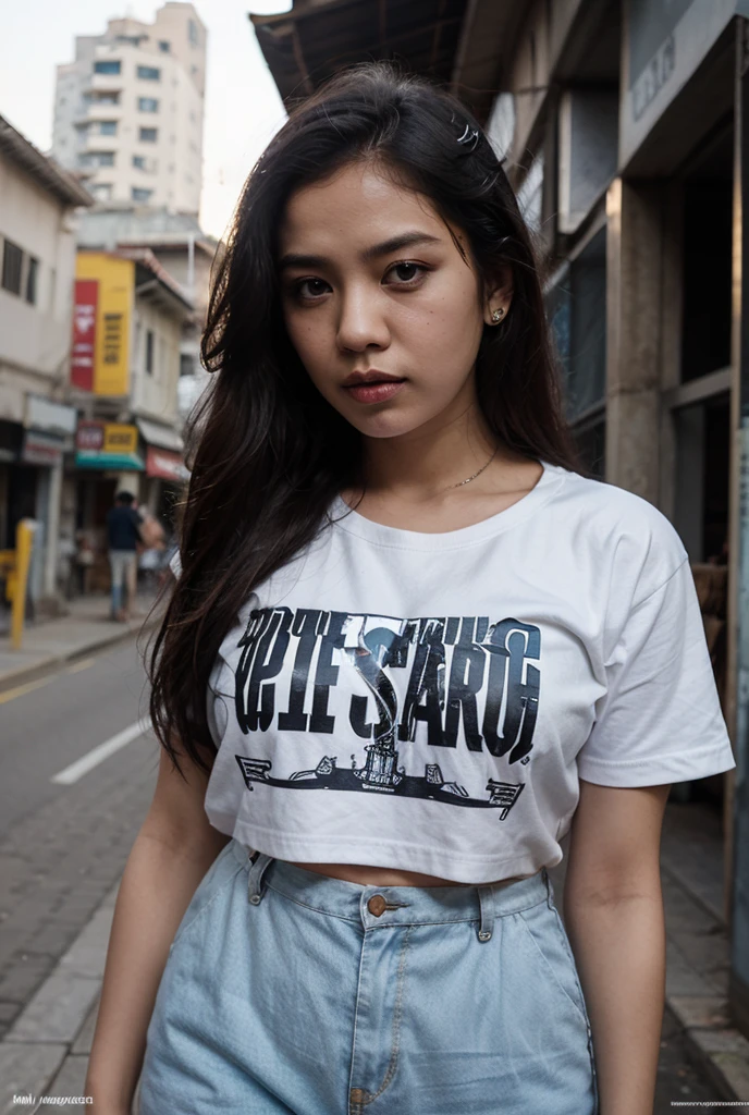 She has long green hair,Wasteland punk style,Wear a yellow and white striped t-shirt,Lace skirt,Long legs,Black-gray tones,Shabby poster wall with background,tmasterpiece,Need,photorealestic,k hd,photography lighting,16k