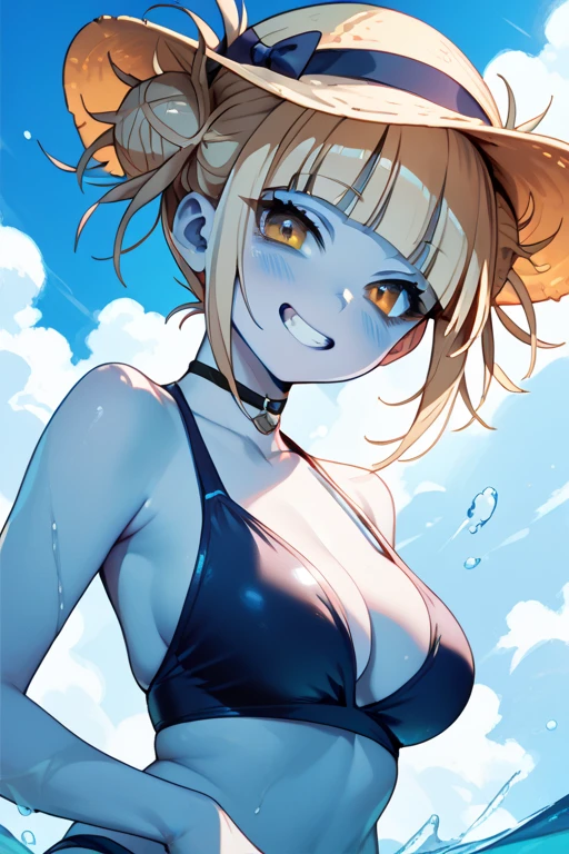 "Middle aged European woman with blonde hair, short hairstyle, White skin, slim figure, detailed facial features, round black eyes, wearing a cream colored bikini, looking towards the camera with a captivating and radiant expression, showing off his attractive physique."