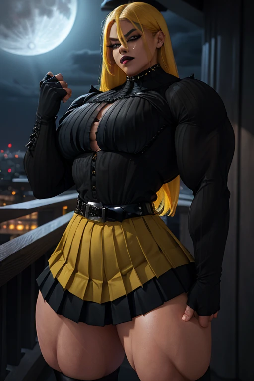((((Massive tall, beautiful, buff, sweating, light brown skinned muscular woman with yellow hair, black lipstick, ginormous bulky muscles and wearing a beautiful black long-sleeved blouse with a beautiful pleated skirt)))), (close view), massive muscle, massive biceps, hyper muscle shoulders, massive muscle arms, vascular shoulders, hyper muscle triceps, (flowing long hair), (beautiful black long-sleeved blouse with a belt), gray eyes, gloves, choker, (beautiful black pleated skirt), (thigh high socks), boots, in a school rooftop, confidant smile, night, hyper vascular arm, hyper muscles arms, hyper muscle legs, massive arms