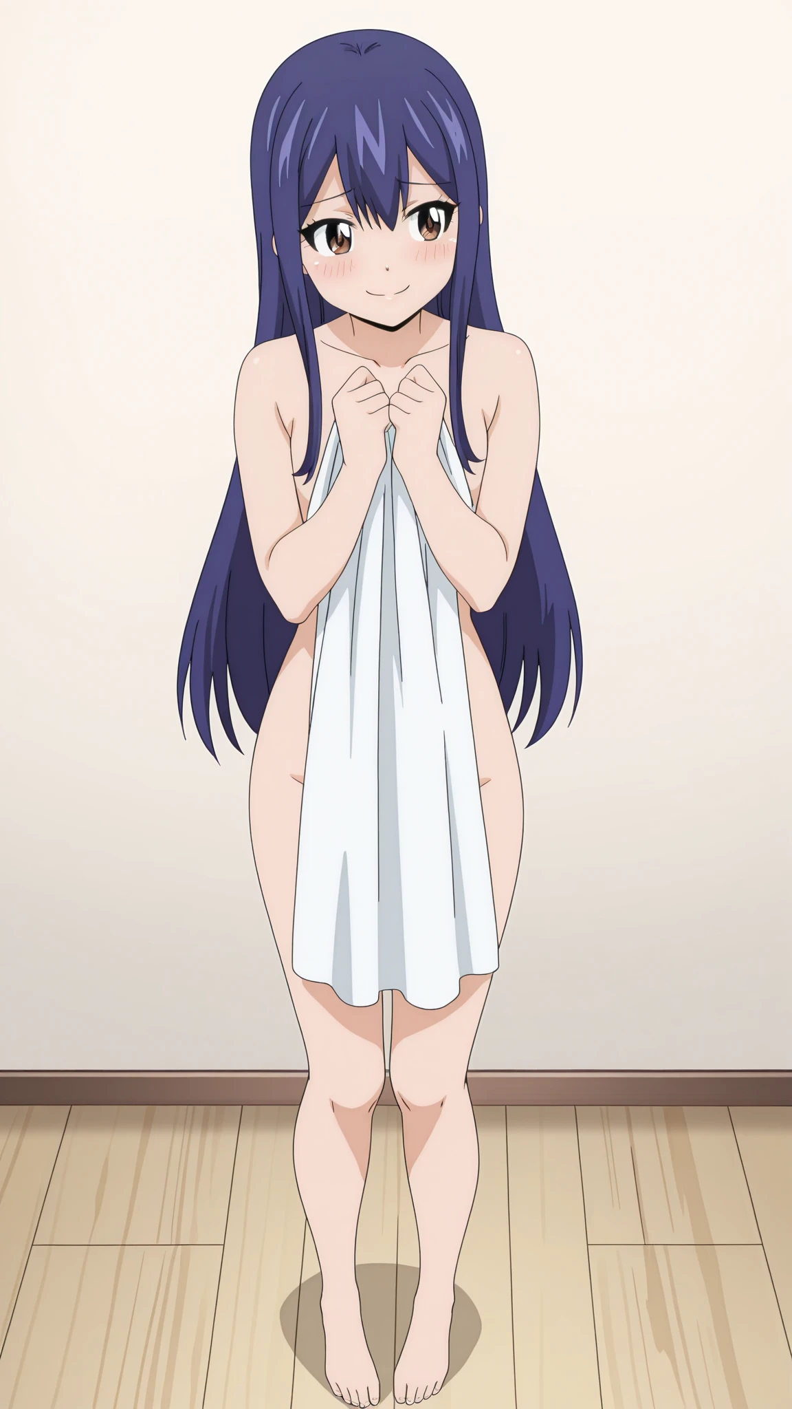 short girl, masterpiece, highres, solo, 8k, detailed, perfect face, best quality, (ultra high quality), looking viewers, (armpit), collarbone, bare arm, medium breast, cleavage, black hair, yellow tie ribbon, blue hairpin, blue eyes, belly, stomach, navel, abs, naked, nude, nipples, pink nipples, slim body, thighs, emotionless, flat face, hands up