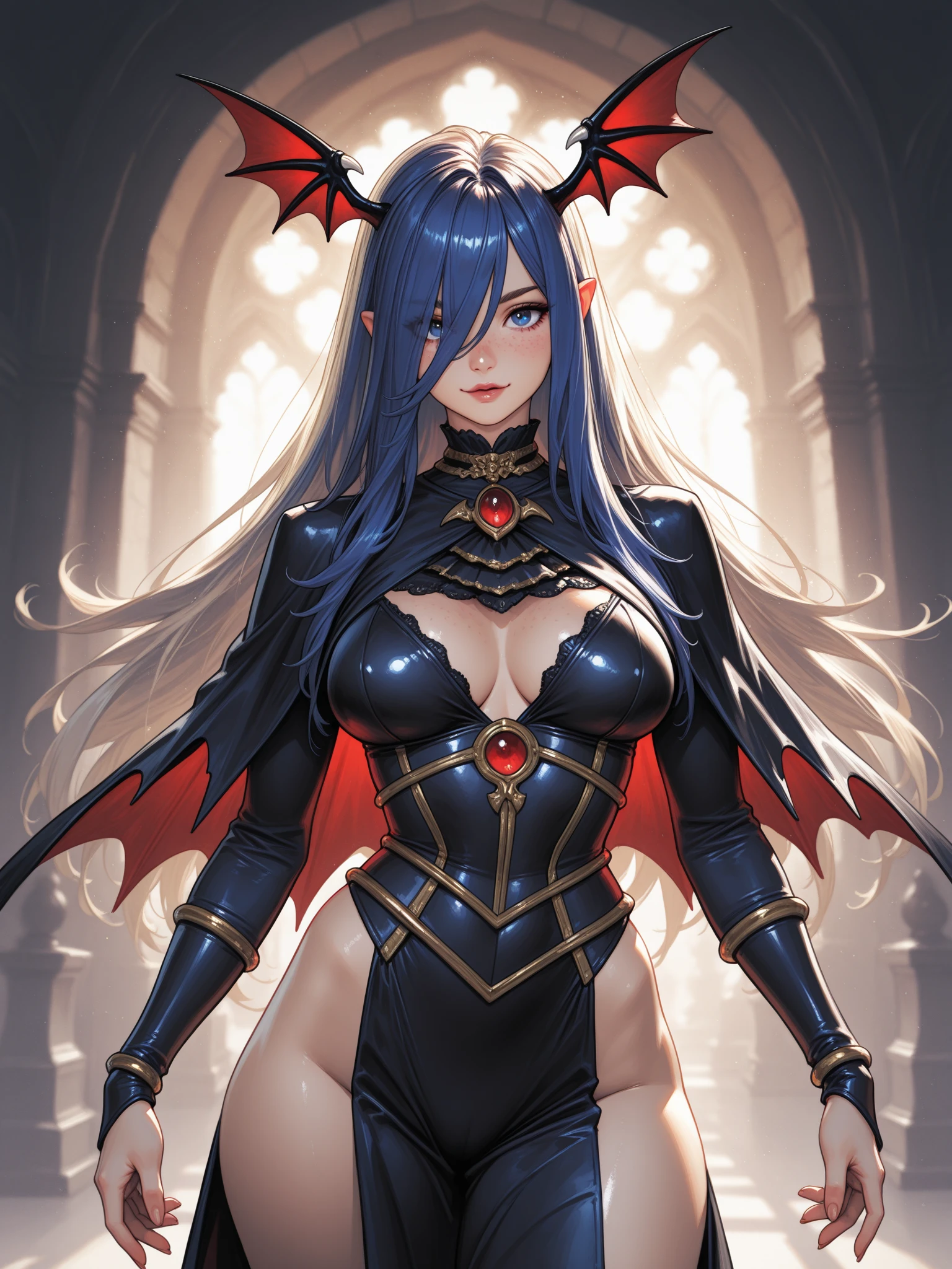 score_9, score_8_up,score_7_up, source_anime, rating_questionable, 1girl, solo,EPpkNessa, blue eyes, black hair, blue hair, streaked hair, single hair bun, dark skin, dark-skinned female, large breasts, edgWraith, hooded cloak, armor, torn clothes, pale blue ,wearing edgWraith , black lips, black eyeshadow, black fingernails, black leather, night, alley, empty street, full moon, bat \(animal\), eldritch abomination, green energy, malevolent forces, evil necromancer, sinister, diabolical, nefarious, vicious, blood, blood splatter, blood stain, fangs, sharp teeth, grin, crazy eyes, crazy smile, monochrome, greyscale, manga, multiple views,