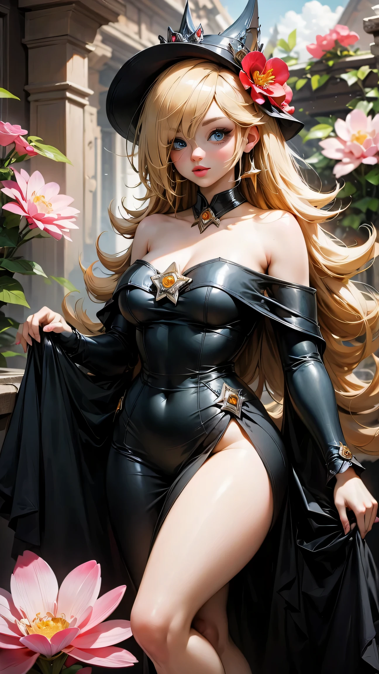 ((top-quality, 8K, masterpiece:1.3)), A detailed eye, (looking at from the front), Look at the camera, ((Everything is sparkling、reflecting light:1.2)), (Best Ratio: 4 fingers, 1 thumb), ((Black Maria from One Piece))), long hair, yellow hair, cute face, blushing , big red lips, portrait, oni horn, ((kneeling & setting on floot)), serious , beautiful body,