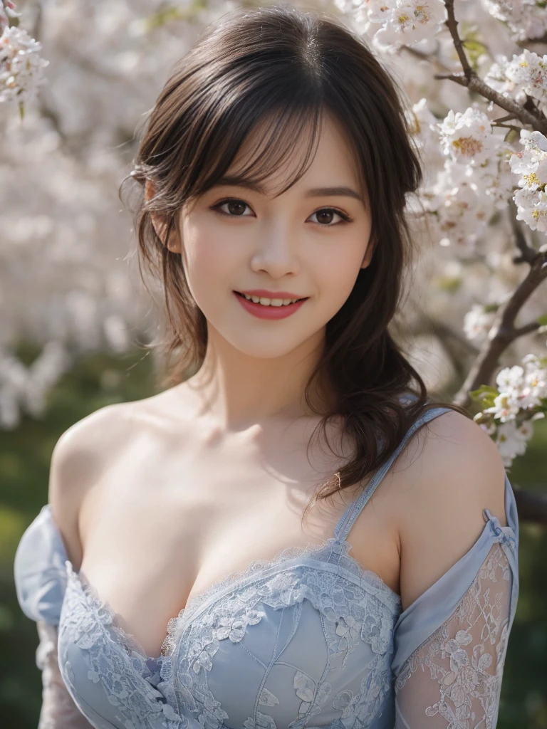 Masterpiece, Best quality, 8k, 18 ans, Photo brute, absurdes, Award-winning portrait, sourire, sourire, pure, french, elegant light blue dress, spring, , orchard in bloom, laces, famous singer, bare breasts