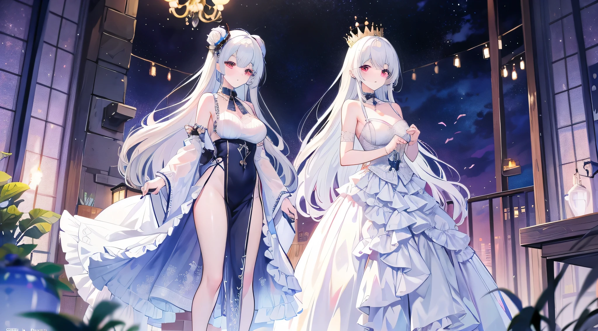 Galina, 20 years old, long hair, dark blue eyes, huge breasts, black gala dress with glitter of galaxies, telling the new fiancée, congratulations because you are going to marry the prince in the ballroom of the palace at night, flirtatious look..hentai