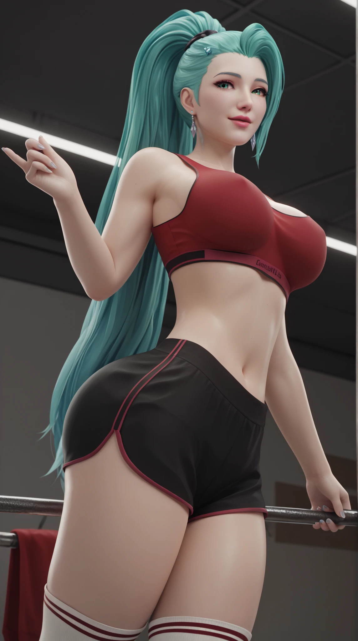 score_9, score_8_up, 3D render, Blender style, 3d beautiful face, gorgeous face, perfect lips, perfect eyes, masterpiece, high detail, detailed eyes, (large soft breasts:1.6), venus body,(thick girl:1.7) ,
, shiny lips, (natural heavy breasts:1.5)  (wide hips:1.1), big ass, (bubble butt:1.2), thighs, uncensored, detailed eyes, cute face, wide eyes
1girl,  blender style,
sweat, exhausted,
1girl, , gym, , solo, eyes at viewer, looking at viewer, (facing front of viewer:1.5), jewelry, earrings, white socks, red sports bra, black short shorts, tank crop top, midriff, sneakers, aqua eyes
long hair, makeup, aqua hair, lipstick, long hair, high ponytail, hair ornament, hairclip
solo, eyes at viewer, looking at viewer,
standing, above view
<lora:sera:0.6>