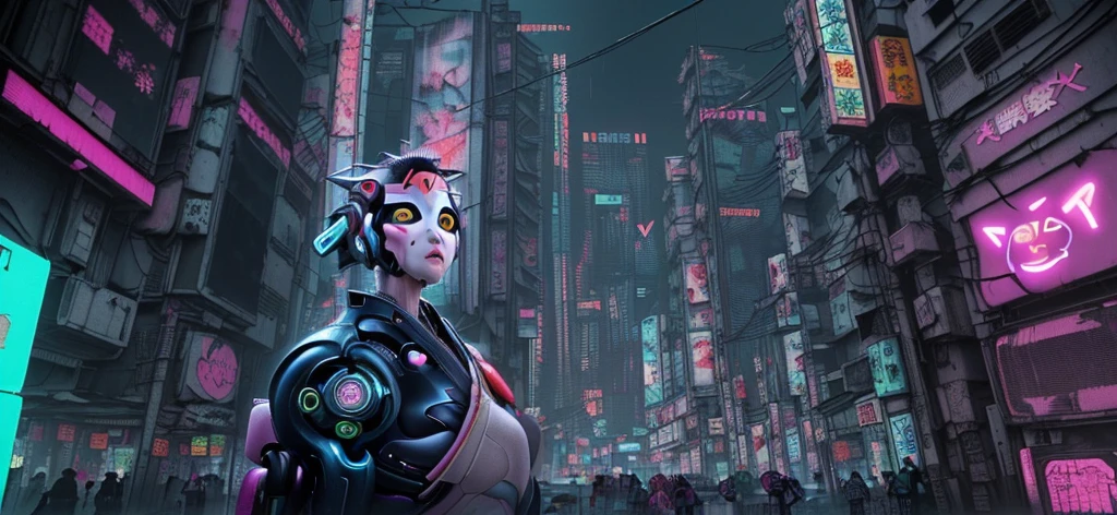 ((masterpiece)), ((highest quality)), サイバーパンク舞妓猫, (cyberpunk maiko cat:1.8), (Ghost in the Shell style:1.6),
(neo-traditional aesthetic:1.5), (detailed cybernetic cat in lower right corner:1.7),
サイバネティック化された白猫、
光る義眼、
(metallic implants visible through traditional makeup:1.4), (futuristic maiko attire:1.6),
ホログラフィック着物、
ネオン光る帯,
(mix of traditional and cyber elements:1.5),
(glowing cybernetic hair ornaments:1.4), (cyberpunk Kyoto background:1.5),
未来的な花街、
ネオンサイン輝く路地、
(neon lights and holographic displays:1.4),
(rain on cyber-enhanced architecture:1.3), (dramatic cyberpunk lighting:1.4),
青と紫のネオングロー、
(moody night atmosphere:1.3),
(cinematic composition:1.2)