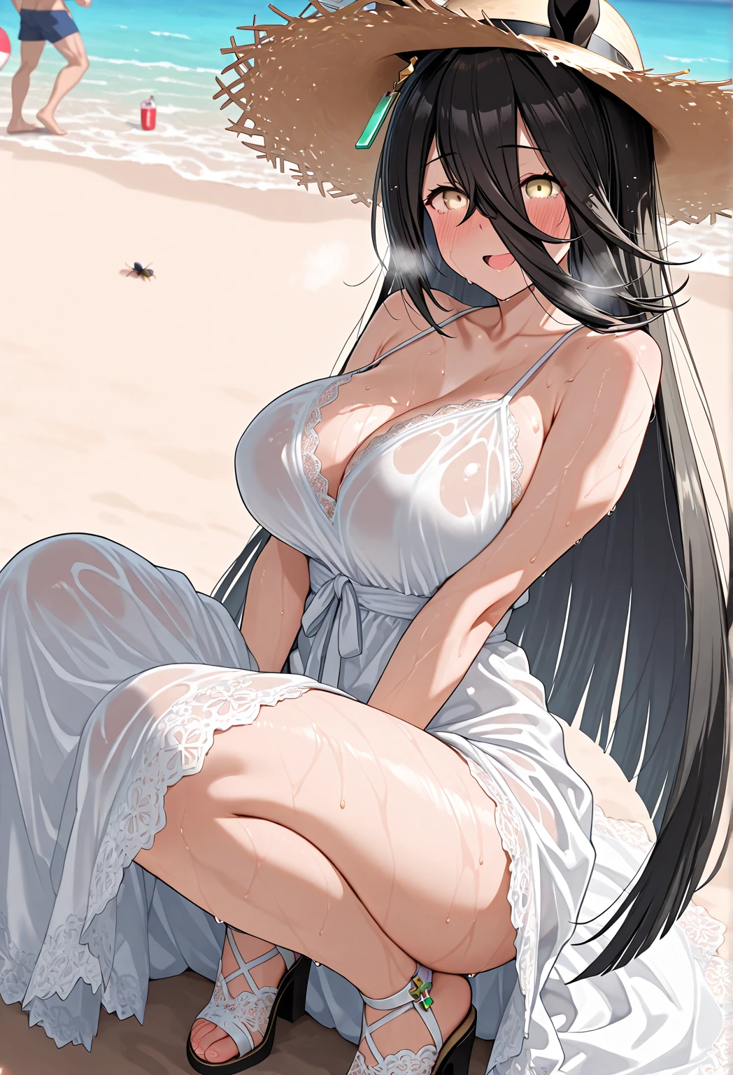 Stunning Chitanda, There is only one beautiful girl，purple eyes, black hair, Naturally straight hair, straight bangs，extremely refined，lips open，flowing long hair，Peerless beautiful girl, dreamlike，Slim，soft, (Sensual), (kawaii), Dream quality，white dress，no underwear，in the desert，big breasts，bare shoulders，Clavicle exposed，bare neck，Bare thighs，Exposing the groin，camel toe，bare legs，barefoot，extremely shy，ultra high resolution, (masterpiece:1.2, best quality), (Exquisite and beautiful eyes: 1.2), (Beautiful and delicate face)