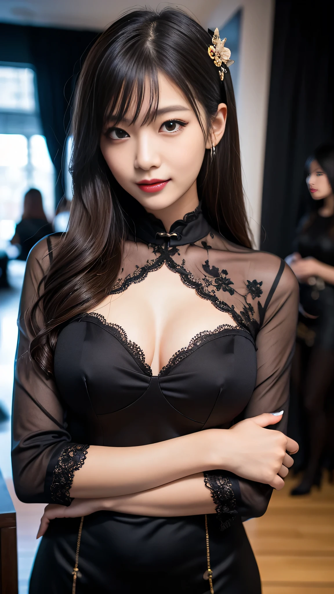 Masterpiece, 1 Beautiful Girl, Detailed, Swollen Eyes, Top Quality, Ultra High Resolution, (Reality: 1.4), Original Photo, 1Girl, Cinematic Lighting, Smiling, Japanese, Asian Beauty, Korean, Clean, Super Beautiful, Little Young Face, Beautiful Skin, Slender, Cyberpunk Background, (ultra realistic), (high resolution), (8K), (very detailed), (best illustration), (beautifully detailed eyes), (super detailed), (wallpaper), (detailed face), viewer looking, fine detail, detailed face, pureerosfaceace_v1, smiling, 46 point slanted bangs, looking straight ahead, neat clothes, dark colored eyes, clothes sleeveless, body facing front,