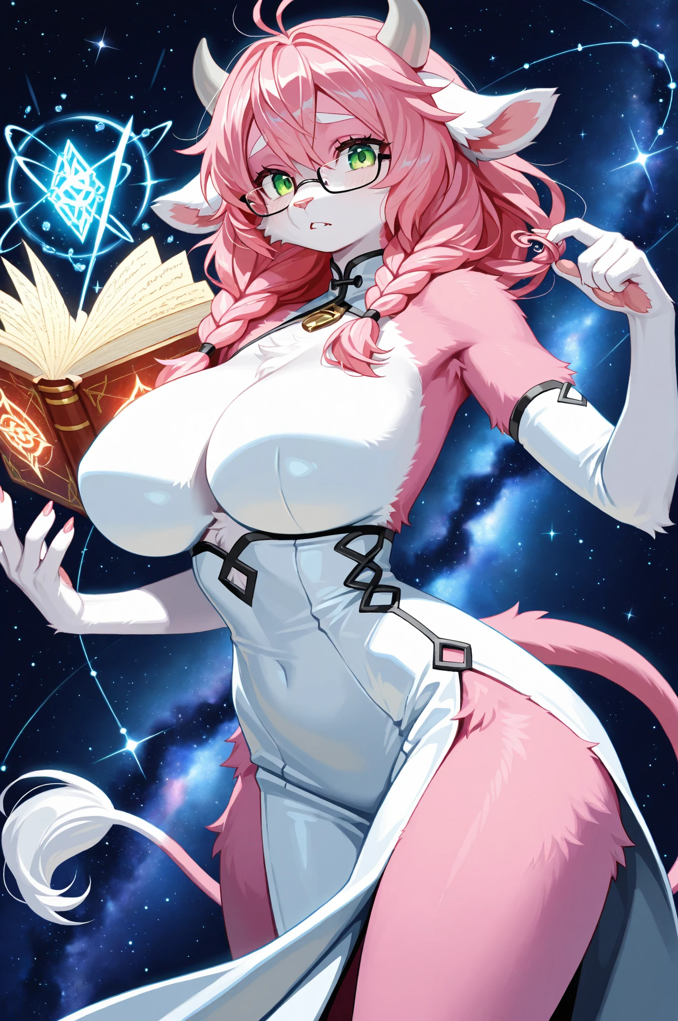 (Best Quality, Masterpiece), 1 girl, reading a book, particle, wind, flower, Upper part of the body, simple background, looking at the viewer, rainbow hair, short teal floating dress, Cosmic, nebulae, galaxy busty very big breasts
