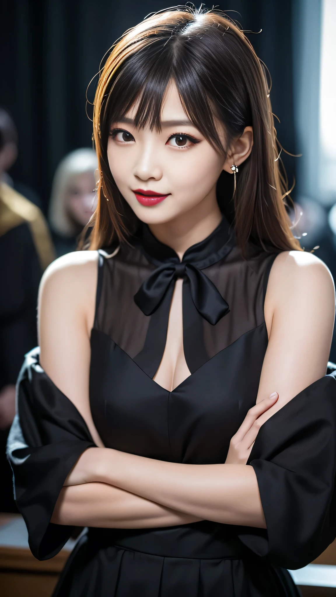 Realistic photos of (1 cute Korean star) thin makeup, slightly smile, 32 inch breasts size, wearing as Succubus witch, in Halloween party, close-up, UHD