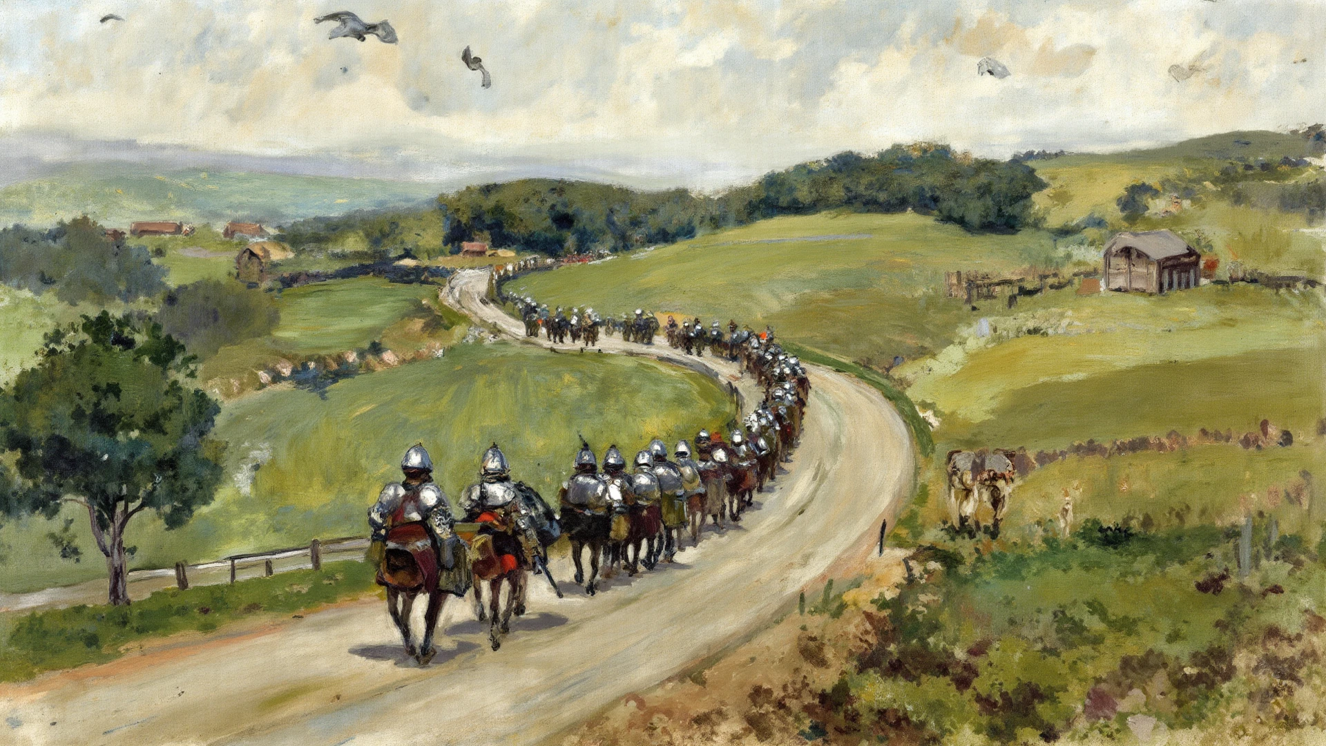 medieval warriors fighting hordes on a plain at dawn