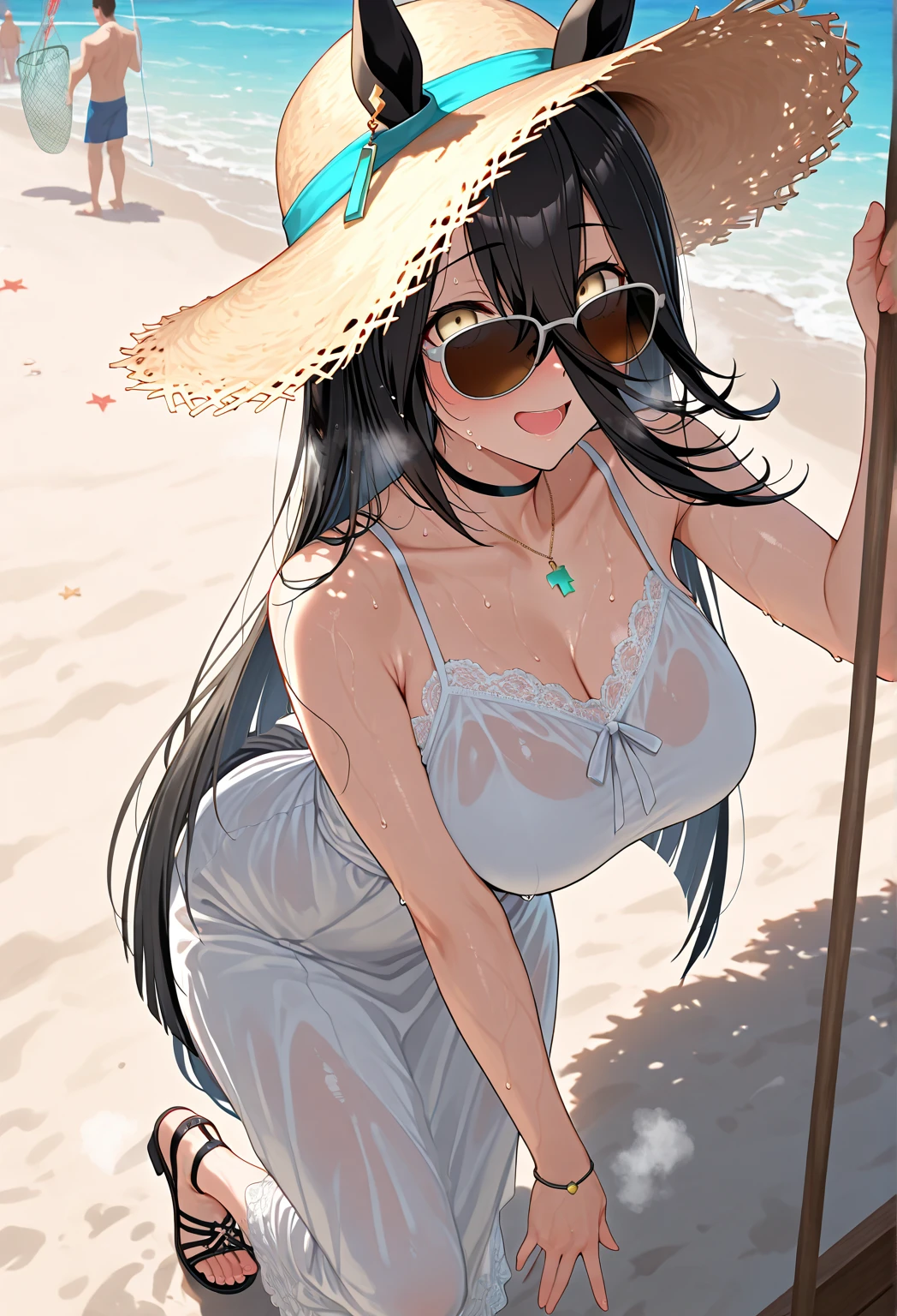 Anime-style full-length portrait of a beautiful girl with straight long black hair in a swimsuit holding her large straw hat from blowing away in the dazzling summer sun and smiling innocently at me.