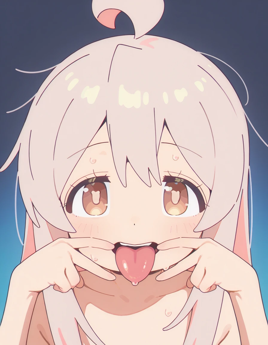 nanachi (made in abyss), detailed mouth, mouth open, detailed tongue, tongue sticking out, detailed throat, throat visible, close up of face, mouth focus, face blushing, eyes open, nanachi naked, veiwer angle at 45 degrees downward, back of throat visible