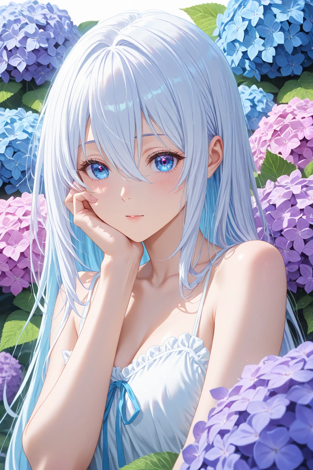 Two pure and innocent girls、8-year-old、2 people(One with pink hair、1 Name Light Blue Hair)、Cute face、Beautiful Eyes、（ white skin）、Natural beauty、Warm sunshine、Wildflowers swaying in the breeze々Surrounded by、Enjoying time in the fields。Butterflies and birds flutter around her、Creates a playful atmosphere。