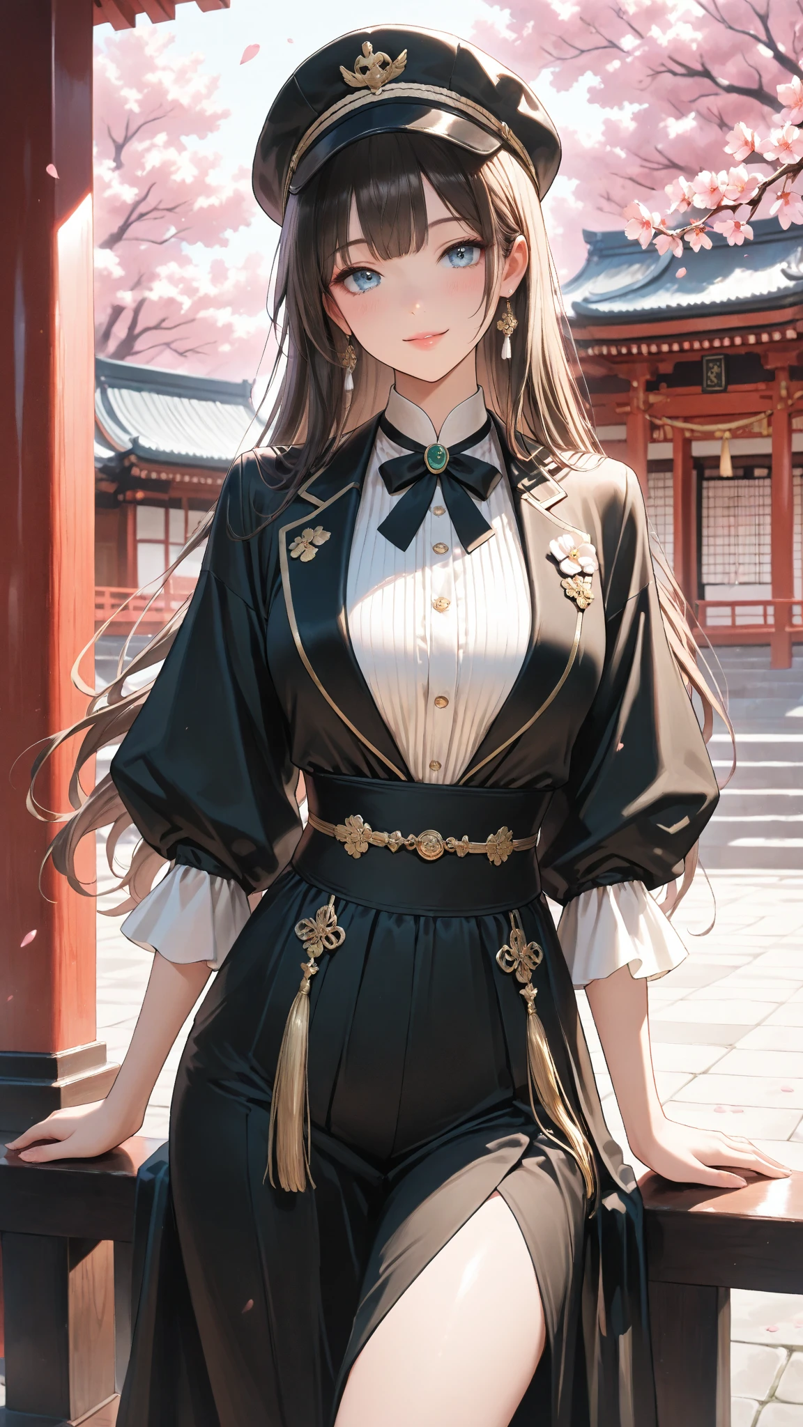 (Perfect ???????,top-quality、The ultra -The high-definition、hight resolution、extremely details CG、8K Unit Wallpapers),cowboy shot,portrait,1woman,solo,20 year old beauty,Japanese,((Beautiful detailed eyes)),brown eyes,shy,brown hair,long hair,bangs,((black cheongsam dresini skirt)),bustling street、street,Tokyo、natural sunlight、