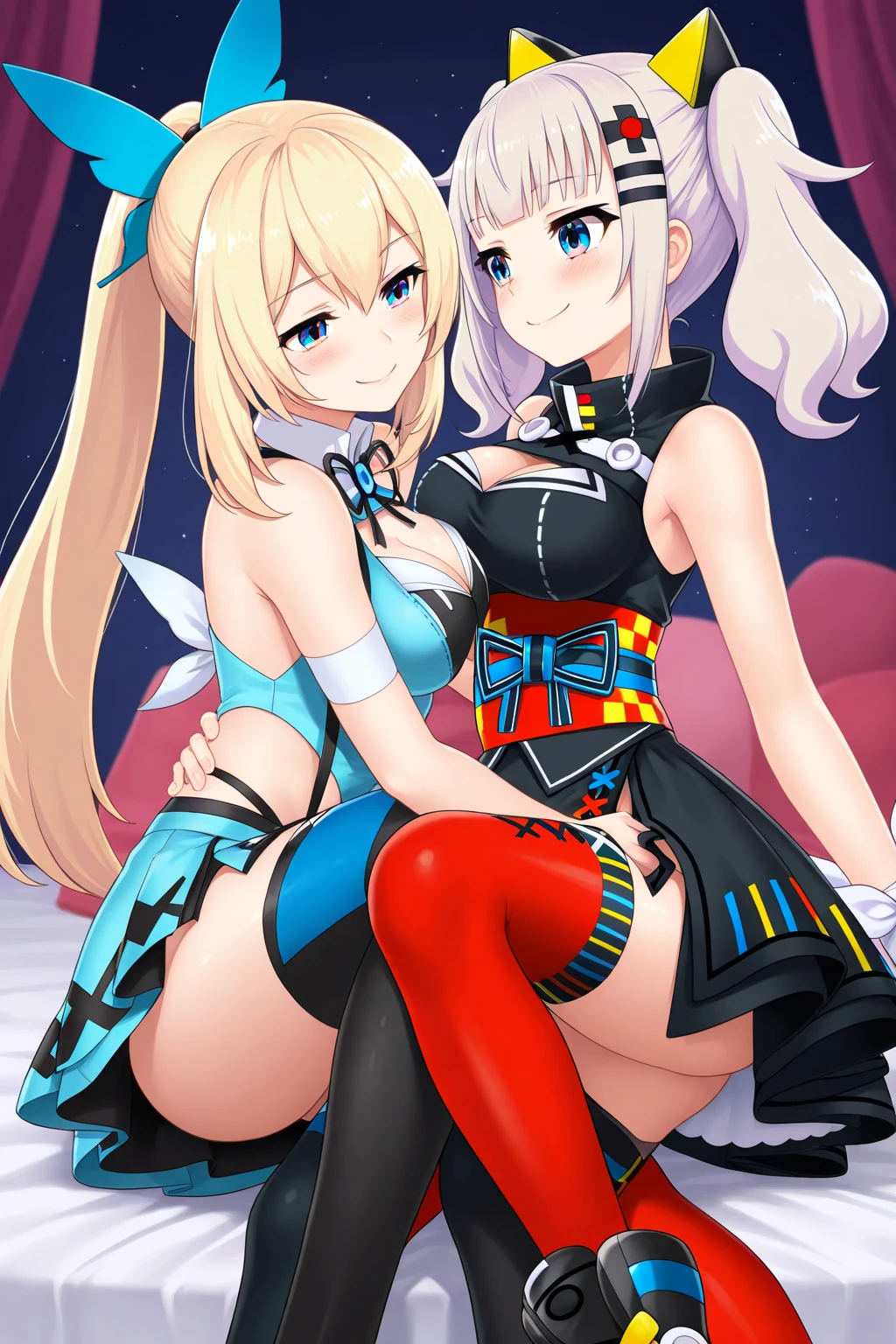 masterpiece, best quality, egyptian pyramid background, full body, hugging, elbow gloves, thighhighs, croptop, <lora:EgyptianClothes:1.0> egyptian clothes,, ,fuwamoco , animal ears, animal ear fluff, 2girls, multiple girls, hair ornament , blue eyes, blonde hair, hairband, hairclip, collar , smile, <lora:FUWAMOCO:0.8>,, ,breast press, <lora:Breast Press V2:1>,
