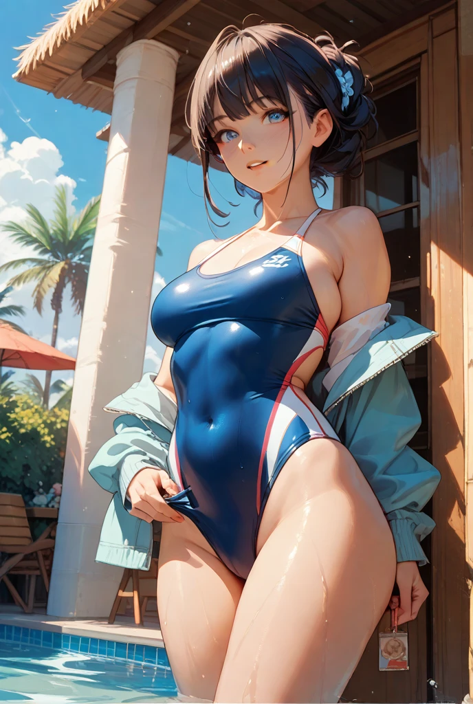 <lora:doa_amy:0.7> amy, swimsuit, jacket, 1girl, masterpiece