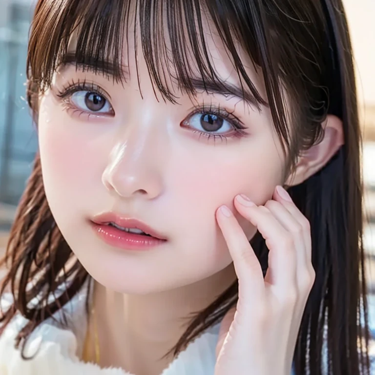 (((Ultra-high resolution、Close-up、Cute Japanese Woman)))、Long, straight black hair frames her face、So that every single hair is clearly visible、Depicts subtle color changes depending on the amount of light hitting the subject、The skin is white and smooth、Has a natural glow、Fine skin texture、Representing the fine details of pores、amountや頬に薄い赤みがある部分を詳細に、The eyes are almond-shaped and dark brown.、Fine details of the iris、Depicts color gradations and patterns、Long, natural-looking eyelashes, each and every one visible、Well-groomed eyebrows、indivual々The hair is clearly visible、Light reflects off into the eyes、Create small highlights、noseは繊細で、nose孔の細かいディテールがある、Lips are plump and naturally pink、Depicts the fine lines and soft curves of the lips、Shiny、Accentuate the shape、Detailed depiction of lip texture、Particular attention to the depiction of light and shadow、Soft natural light gently illuminates the face from the front、amount、nose、Creates a subtle glow on the cheeks、Shadows are cast softly along the contours of the face、cheekbone、Jaw Curve、noseの側面を強調、The gloss of her lips reflects the light faintly.、Emphasizes plump texture、The shadow of the hair adds depth and dimension.、indivual々The hair shines in the light、The background is simple and blurred.、Focus on the face、In the highest quality、Representing the utmost detail