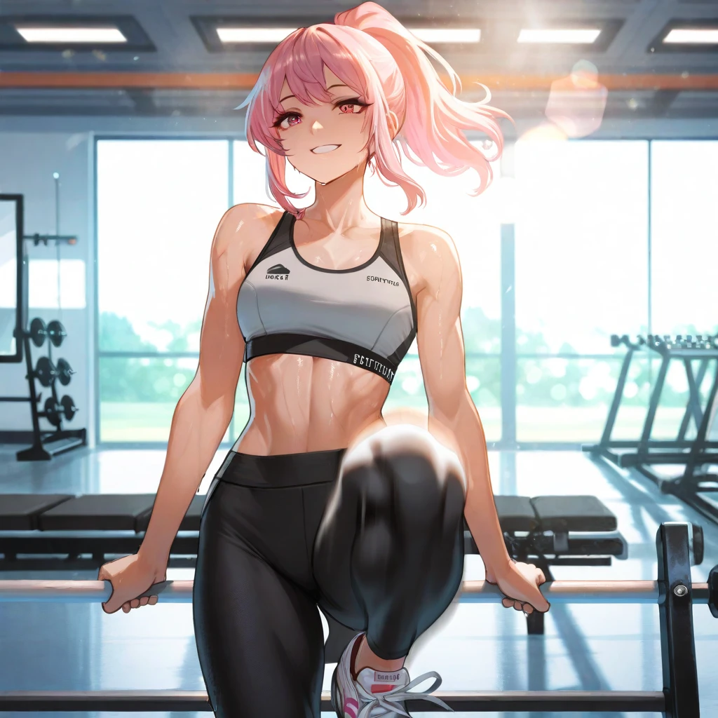 1 girl ,Saiyan, dark pink hair combed back, green eyes,slim, thin waist, wide hips, brown skin color, medium breasts, white top,black leggings, she would be in a gym ,with a dumbbell in your hand